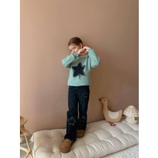 Cg Kids Yıldız Jean Nakışlı 3 Iplik Şardonlu Sweatshirt Yıldız Işlemeli Jean Pantolon Beli Lastikli Alt Üst Süper Kalite Takım