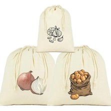 Patates, Soğan ve Sarmısak Saklama Torbası, 3'lü Set, Ham Bez Kumaş, Çekme Ipli