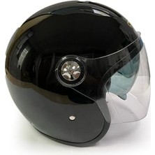 Motosiklet Yarım Kask, Parlak Siyah, Çift Vizörlü, Stil, Terletme Yapmaz Pedler