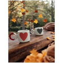 Siyah ve Kırmızı Kalp Desenli Çay Kahve 2 Li El Yapımı Seramik Kupa