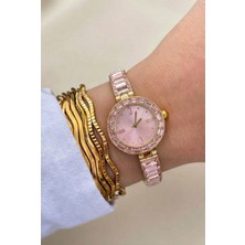 Aurrari Pembe Baget Zirkon Taşlı Altın Kaplama Kol Saati