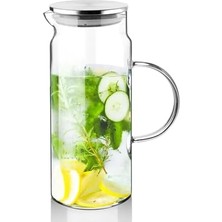 Fabess Cam Sürahi Borasilikat Dayanıklı Metal Kapaklı Isıtılabilir Vakum Kapaklı Cam Karaf Sürahi 1300 ml