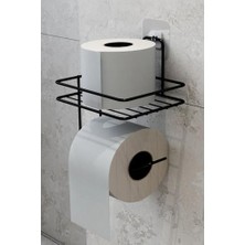 Yapışkanlı Tuvalet Kağıtlığı – Mat Siyah Metal Tuvalet Kağıt Tutacağı ve Yedek Standı, Delmeden Montaj, Suya Dayanıklı Banyo Organizeri (Kare)