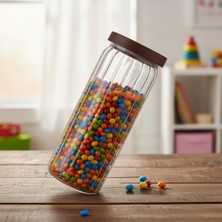 Akasya Kapaklı Uzun Çizgili Cam Kavanoz (1250 Ml) | Hava Geçirmez, Modern Fitilli Tasarım Gıda Saklama Kabı | Makarna, Bakliyat, Kahve ve Çay Kavanozu (9X25 Cm)