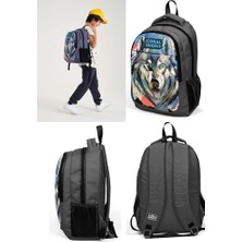 Siyah Kurt Desenli Ilkokul ve Ortaokul Sırt Çantası Üç Bölmeli Erkek Çocuk