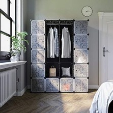 2 Elbise Askılı, Modüler Kombinasyon Dolabı, Yerden Tasarruf Sağlayan Vidasız Raf Sistemi, 143 x 36 x 178 Cm, Siyah LPC30H