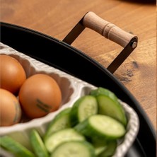 Lin Metal 51CM Ahşap Kulplu Siyah Metal Tepsi Yuvarlak Çay Tepsisi Sunum Tepsisi Tahta Kulplu Büyük Tepsi LN1305S