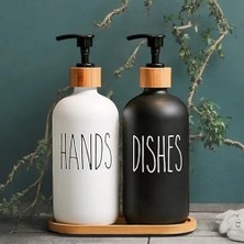 Modern Banyo ve Mutfak Seti, Siyah ve Beyaz Cam Sabunluk ve Deterjan Şişesi, Bambu Kapaklı ve Standlı, 450ML x 2 Adet, 21.3cm Yükseklik, Hands Dishes