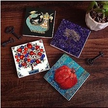 Hayat Ağacı, Şahmeran, Nar Ağacı, Nar Taş Bardak Altlığı Seti - 4 Parça - Dekoratif, Rustik Mutfak Aksesuarı, 10X10 Cm, Kaydırmaz Tabanlı, Şık ve Dayanıklı SC253