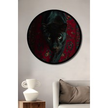 Petmudo AVM  Kara Panter Yağlı Boya Görünümlü Ahşap Tablo Yuvarlak Duvar Tablosu Çerçeve Görünümlü