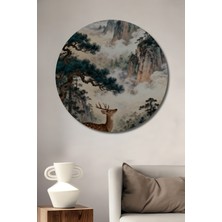 Petmudo AVM Doğal Orman Geyikleri ve Dolunay Manzarası Yağlı Boya Görünümlü Ahşap Tablo Yuvarlak Duvar Tablosu