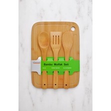 Bambu Serisi Oluklu Antibakteriel Yıkanabilir Bambu 36X26 cm Doğrama Tahtası, Kaşık ve Spatula, Tahta Kevgir, 4'lü Set