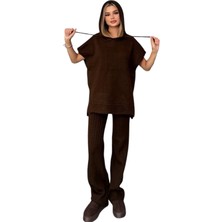 Kechı Woman Kapşonlu Yarım Kol Kahverengi Triko Takım