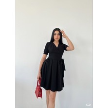 Rengamoda Kadın Kruvaze Yaka Kısa Kol Mini Kloş Elbise