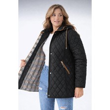 Baharlık Ekoseli, Kapitone Mont, Kapüşonlu Mont, Büyük Beden, Su Itici, Biyeli, Vizon