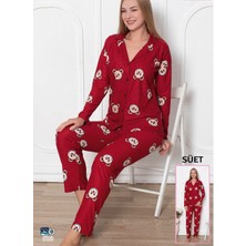 Süet Kumaş Uzun Kollu Ayı Desenli Kadın Pijama Takımı