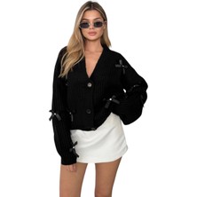 Kechı Woman Kurdeleli Taş Detay Düğmeli Siyah Triko Hırka