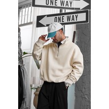 Krem Cozy Basic Yarım Fermuar Oversize Sweatshirt