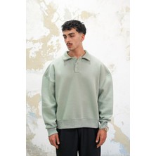 Buz Yeşil Cozy Basic Oversize Polo Yaka Sweatshirt