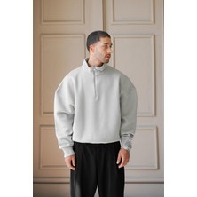 Gri Cozy Basic Yarım Fermuar Oversize Sweatshirt