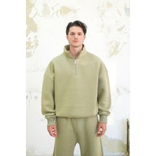 Soft Yeşil Cozy Basic Yarım Fermuar Oversize Sweatshirt