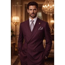 İlayda Emir Italyan Kesim Özeltasarım Kruvaze Çizgili Erkek Takım Elbise Bordo