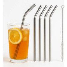 Privo Çelik Pipet Paslanmaz Çelik Metal Meşrubat Pipeti ve Pipet Temizleme Fırçası Seti 5 Parça