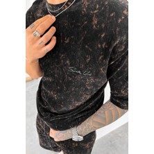 Lacivert Ince Fitilli Batik Nakış Detay Oversize Tişört