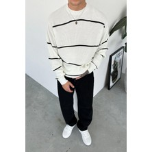 Ekru Çizgili Relaxed Triko Kazak