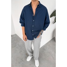 Lacivert Oversize Fresh Keten Gömlek