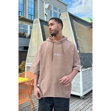 Kahverengi Dropsize Nakış Detaylı Kapüşonlu Ph oversize Tişört