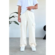 Bej Desenli Cep Nakış Detay Kargo Baggy Pantolon