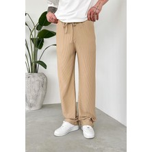 Bej Beli Lastikli Fitilli Baggy Pantolon