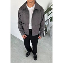 Gri Süet Kumaş Düğme Detaylı Relaxed Ceket