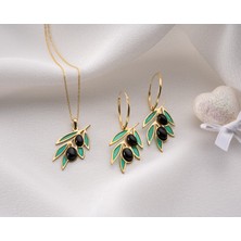 Papatya Silver 925 Ayar Onix Taşlı Zeytin Küpe Kolye Set.rose.gold.rodaj