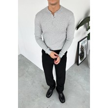 Gri Düğmeli Yaka Relaxed Uzun Kollu Tişört