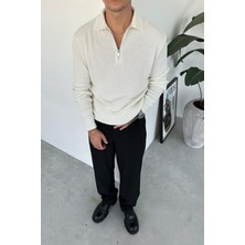 Ekru Yarım Fermuarlı Relaxed Triko Kazak