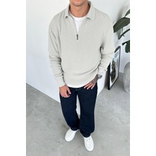 Gri Yarım Fermuarlı Relaxed Triko Kazak