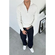 Ekru Basic Fitilli Yarım Fermuarlı Relaxed Kazak