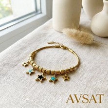 Melike Steel Yıldızlı Toplu Gold Renk 316 Çelik Bileklik