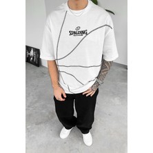 Beyaz Spalding Nakış Ters Dikiş Detay Oversize Tişört