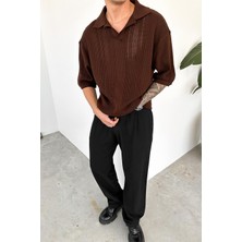 Kahverengi Polo Yaka Relaxed Triko Tişört