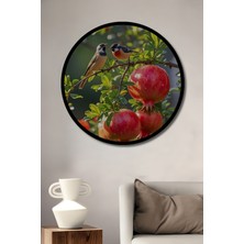 Petmudo AVM Iki Kuş ve Nar Ağacı Yağlı Boya Görünümlü Ahşap Tablo Yuvarlak Duvar Tablosu Çerçeve Görünümlü