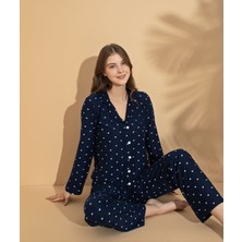 Süet Kumaş Uzun Kollu Kalp Desenli Kadın Pijama Takım