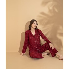 Süet Kumaş Uzun Kollu Yıldız Desenli Kadın Pijama Takım