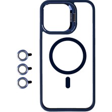 Zore iPhone 15 Pro Max Uyumlu Magsafe Wireless Şarj Özellikli Standlı Asma Magsafe Klon Lensli Kapak-Lacivert