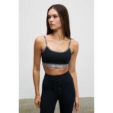 Urban Beat METREON Kadın Yumuşak Esnek Dokulu Leopar Kontrastlı Göğüs Pedli Askılı Siyah Spor Sütyeni