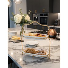 Skygo 2 Katlı Gold Sunumluk Ikramlık Lokumluk Şekerlik  Gold Etajer Sunumluk Metal Oval  Standlı