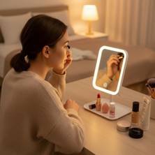 Pazarcan Buffer® Dokunmatik LED Işıklı Kare Makyaj Aynası – Altı Organizer Kaseli, Ayarlanabilir Aydınlatmal