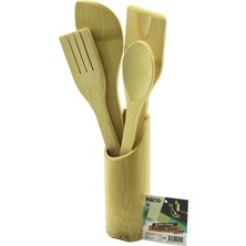 Calperia 5pcs Ahşap Bambu Mutfak Seti Stand - Kaşık - Çatal - 2 Spatula Fileli (5047)